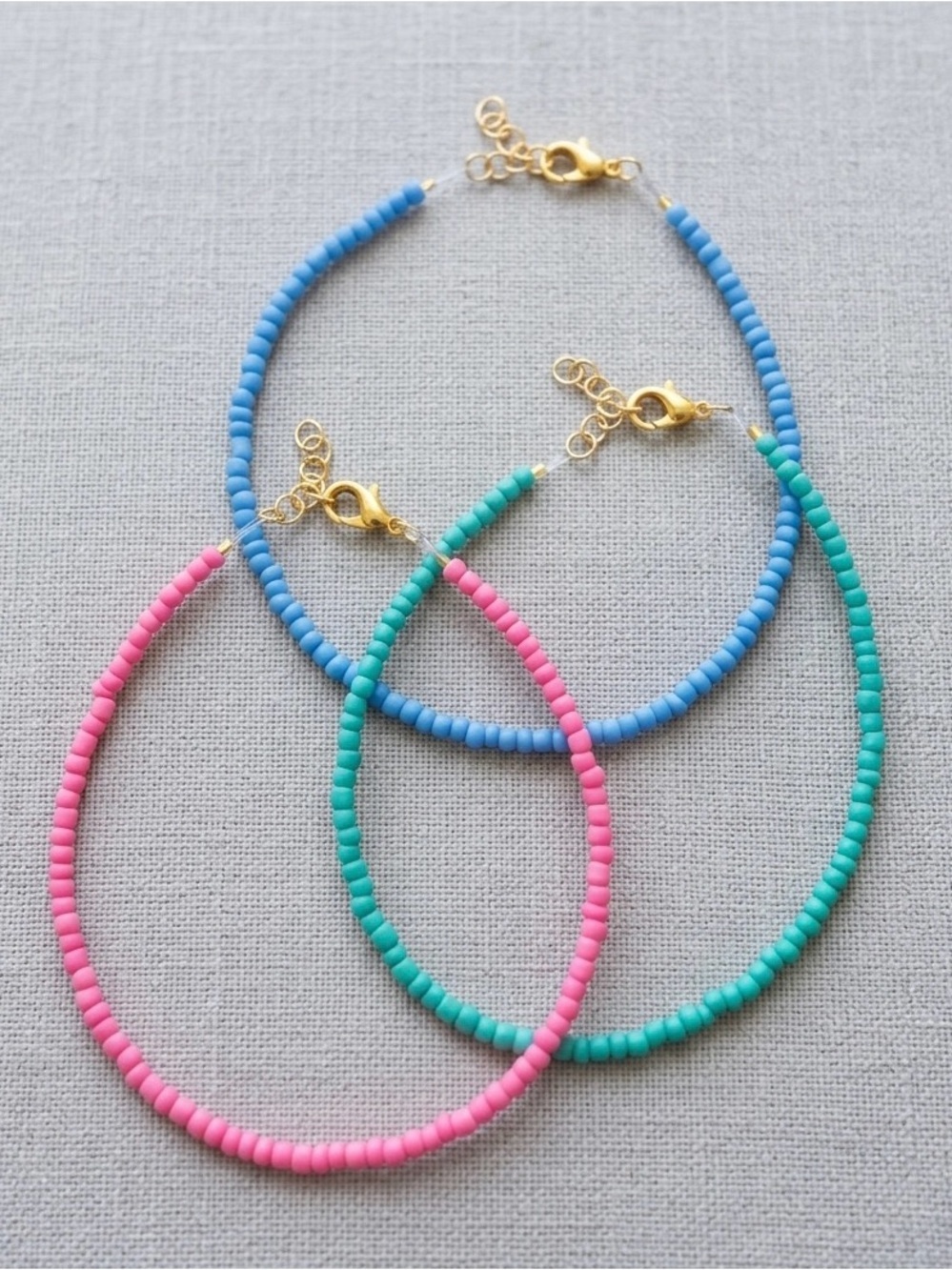 Gold-Accent Pink, Blue & Turquoise Beaded Adjustable Ankle Bracelet Set of 3